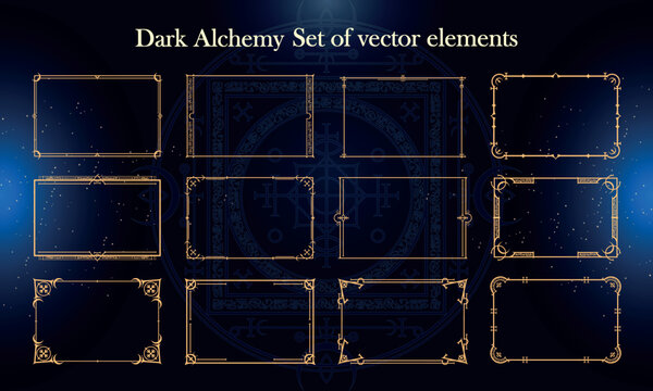 Set of Dark Fantasy Elements for user interface, poster, video. Alchemy magic HUD. Template for rpg game interface. Vector Illustration EPS10