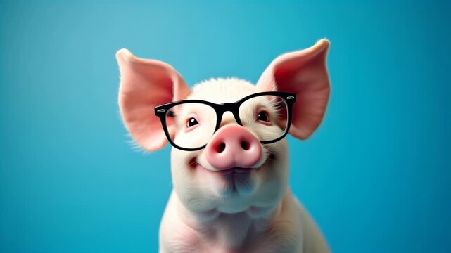 Pig wearing black glasses smiles playfully against a blue background, showcasing a series of charming expressions in a lighthearted and whimsical setting