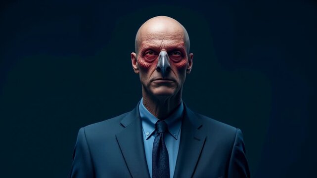 Male figure with bald head and bird-like mask transitions through distinct facial expressions while wearing a formal suit against a dark background