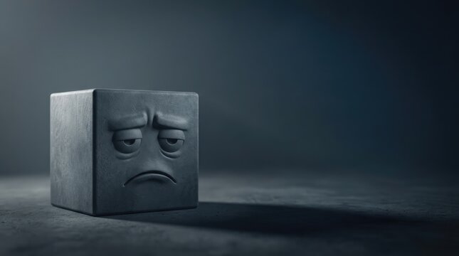 A sad cube with a frowning face sits alone on a dark surface in a dimly lit room.