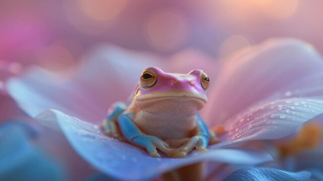 A cute pink frog resting on a soft flower petal in a magical garden