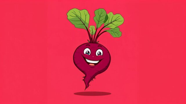 Cartoon character of a smiling red beet with green leaves, floating against a bright red background, showcasing a playful and cheerful expression in a vibrant illustration style