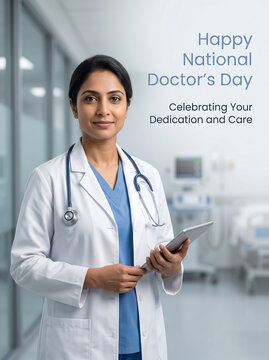 Celebrating national doctor's day with a confident female healthcare professional in a modern hospital setting holding a tablet device emphasizing dedication