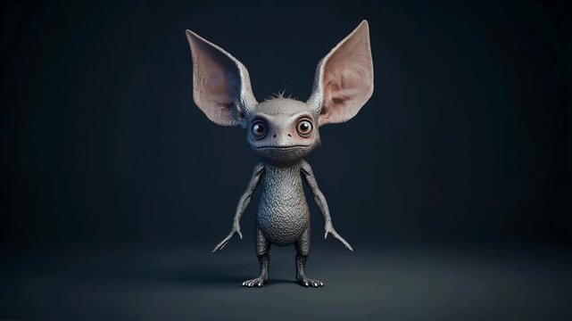 Cartoonish creature with large ears and expressive eyes stands in a dark environment, showcasing its unique features and playful demeanor in a whimsical setting