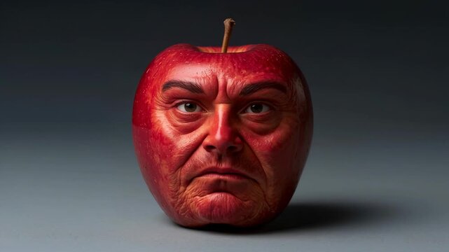 Red apple with human facial features transitions from angry expression to neutral face, showcasing a unique blend of fruit and human characteristics in a studio setting