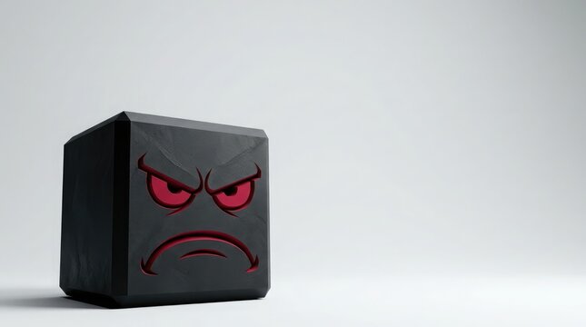 A cube with an angry face featuring red eyes and mouth sits on a surface