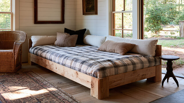 Rustic wooden daybed with plaid bedding in a sunlit interior space