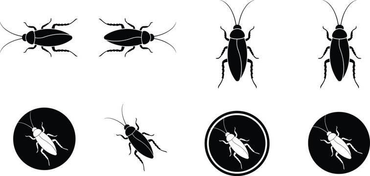 Cockroach insect icon set with black silhouette bug symbol in circle for pest control and extermination design