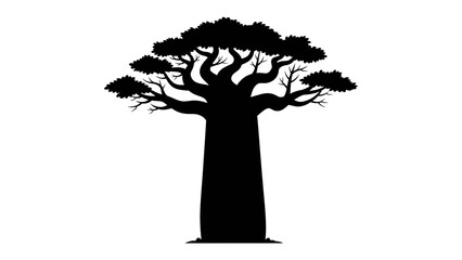 Baobab Silhouette: A striking silhouette of a baobab tree, its massive trunk and distinctive branching pattern starkly contrasted against a plain background. © mahmuda428