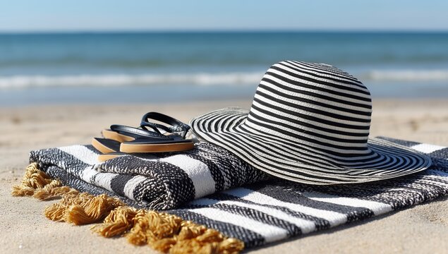 Stylish Beach Accessories with Hat Sandals and Towel on Sandy Shore