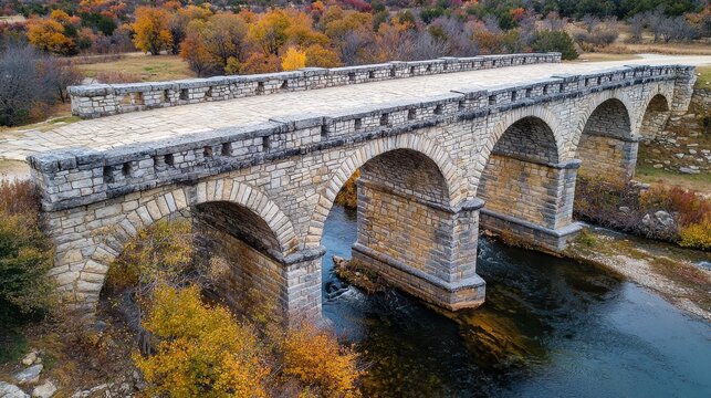 Historic American stone bridge arch geometry aerial view showcasing multi-span masonry construction over river with vibrant autumn foliage