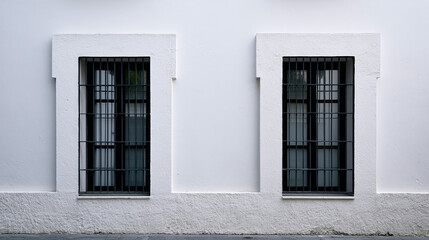 Fototapeta premium Two Minimalist Windows with Security Bars on a White Building Exterior