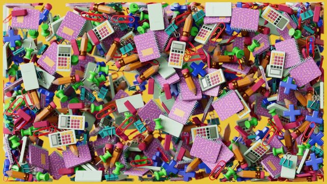 Back to School video background with school supplies floating and moving on the screen in 3D animation