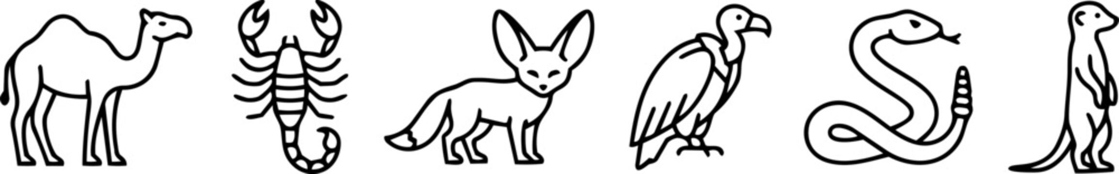 Desert and Wild Animals Line Vector Icons