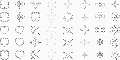 Obraz premium Line Art Symbols Stars Hearts And Floral Shapes On White Background