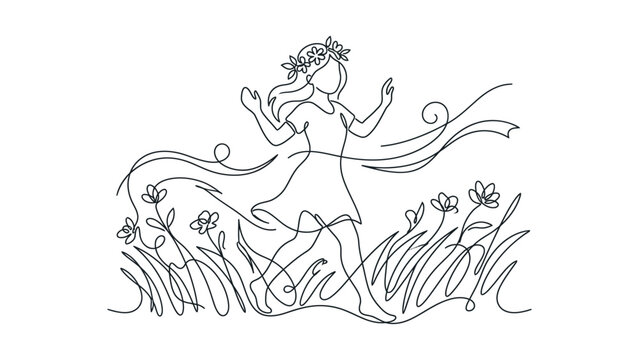 Continuous line art of a girl dancing in a field of flowers