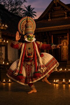 Kathakali dancer in dynamic pose illuminated by oil lamps at temple courtyard.