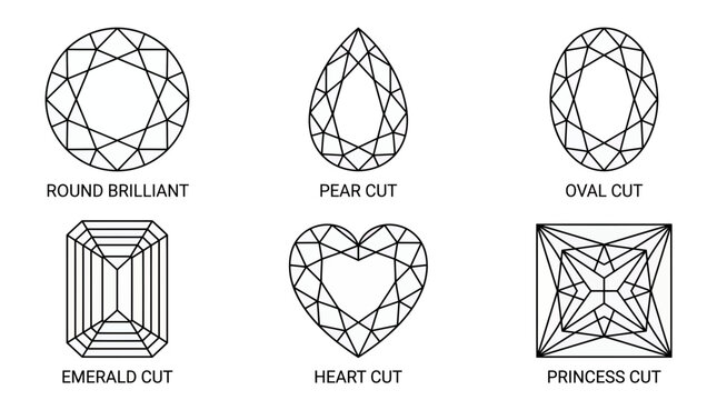 Vector outline illustrations of six diamond cuts including round, pear, oval, emerald, heart and princess shapes, Symbolizing gemology education and jewelry industry references