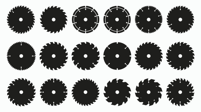 Collection of diverse black silhouette circular saw blades and diamond cutting discs icons, clean white background, symbolizing robust industrial power tools and construction processes