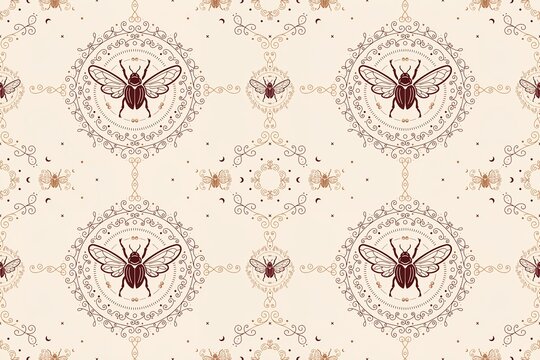 Seamless pattern with ornate circular frames containing beetle insects and decorative floral swirls in dark brown on a light cream background
