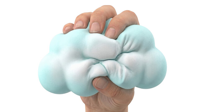 Hand squeezing blue cloud shaped squishy toy on transparent background