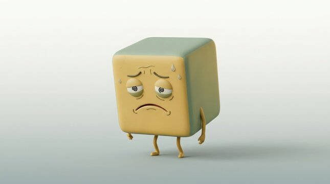 A sad cube character with a frowning face expression stands alone on a surface in a neutral environment.