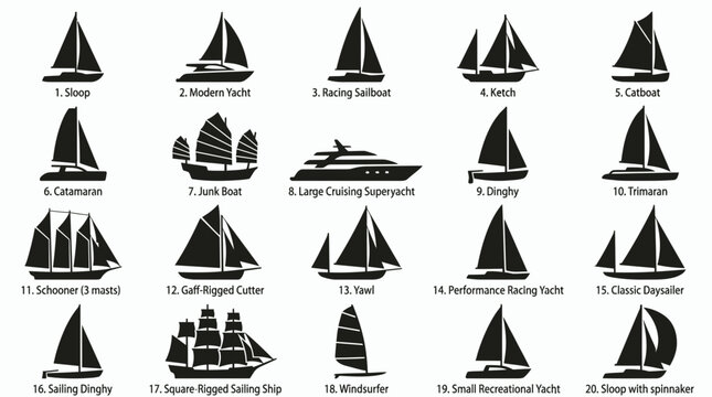 Detailed black silhouette icons showcasing 20 distinct types of boats, ships and yachts with names on white, illustrating marine education and nautical design concepts, providing a visual guide