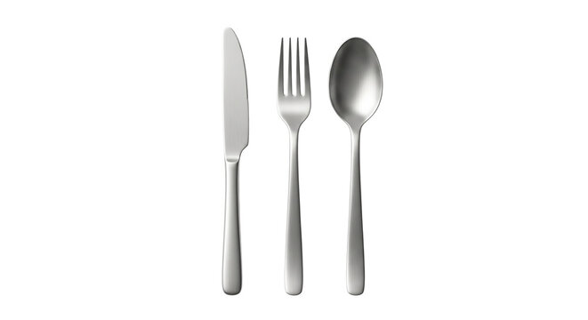 Classic silver stainless steel knife fork and spoon on transparent background