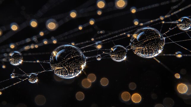 Surface tension droplet formation multiple uniform water droplets aligned on spider web fibers with perfect spherical pearling and golden illumination