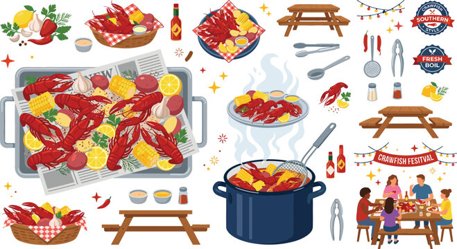 Seafood crawfish boil element set with corn potato hot sauce and picnic table for southern festival vector illustration