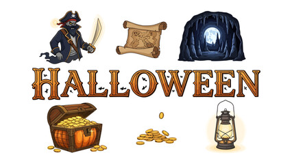 Spooky Halloween Treasures: A ghostly pirate with a cutlass, an old treasure map, a dark cave with a full moon, a chest overflowing with gold coins, a pile of scattered coins. © abidakhatun
