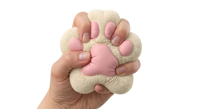 Hand squeezing plush cat paw squishy toy on transparent background