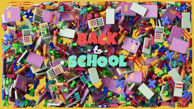 Back to School video background with colorful text and school supplies floating and moving on the screen in 3D animation