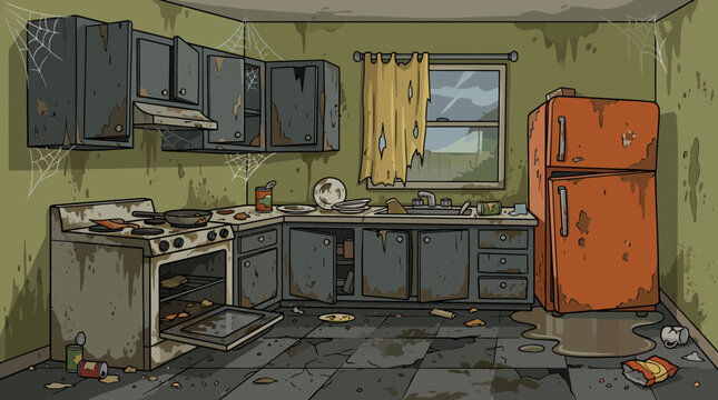 Detailed cartoon illustration of a filthy, neglected kitchen interior with cobwebs, dirty dishes and broken appliances, symbolizing poverty and abandonment