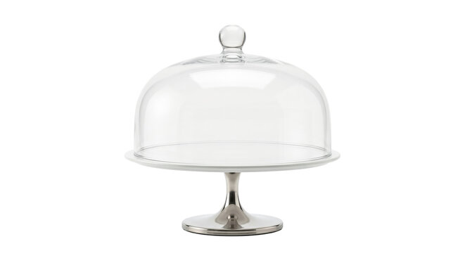 Empty glass cake stand with dome cover on transparent background