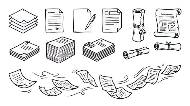 Hand-drawn line art collection of various paper documents, stacks, scrolls and flying sheets, illustrating bureaucracy, office work and legal agreements