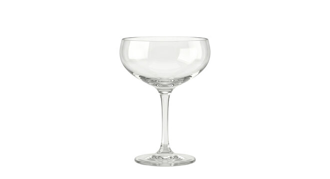Empty clear glass champagne coupe glass on transparent background