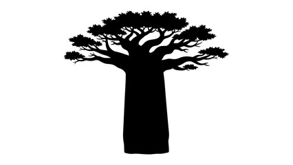 Baobab Silhouette: An iconic baobab tree stands as a striking black silhouette against a white background, its majestic, swollen trunk and sprawling branches symbolizing resilience and longevity. © mahmuda428