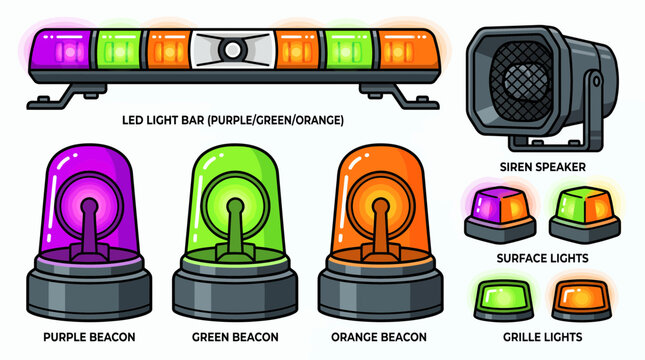 Vector illustration set featuring an LED light bar, siren speaker, various colored beacons and surface/grille lights, symbolizing emergency vehicle equipment and public safety awareness