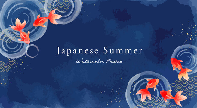 金魚の背景イラスト,水彩風の夜の波紋と和風きんぎょ、夏の濃紺フレーム枠、青海波と金粉の長方形デザイン背景、高級和モダン広告素材,手描きベクター,お盆ギフト・夏セール背景,高級感テキストスペース