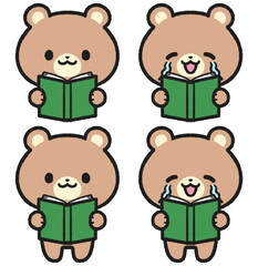 Fototapeta premium 本を読んでいる、感動しているクマのイラストセット