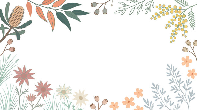 Hand-drawn vector botanical frame featuring Australian native flora like eucalyptus and banksia on white.