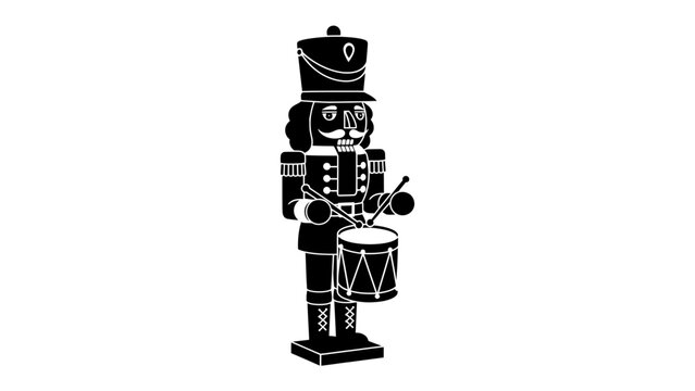 Nutcracker Drummer Silhouette: A striking silhouette of a traditional nutcracker soldier, depicted in black and white, stands at attention, poised to strike a drum.