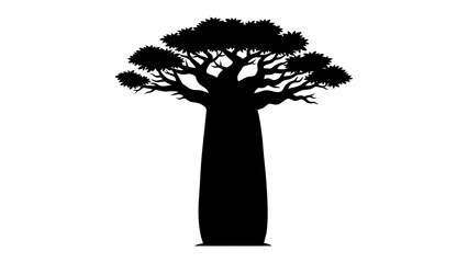 Silhouette of a Baobab Tree: A striking black silhouette of a majestic baobab tree stands tall against a stark white background. © mahmuda428
