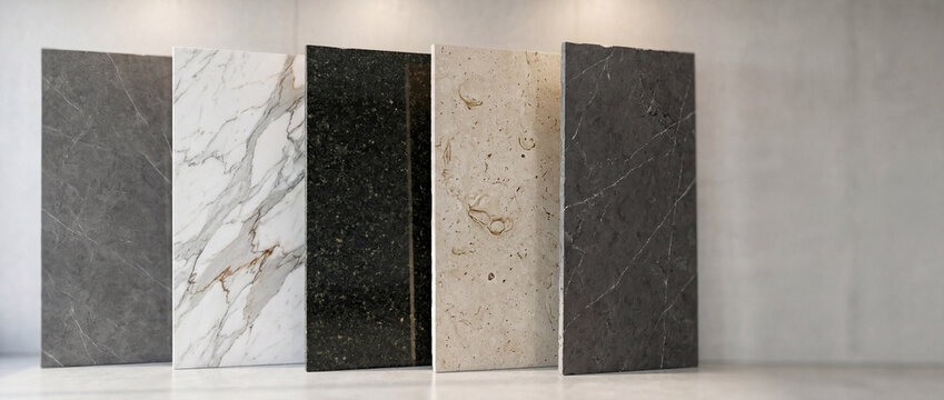 A collection of five premium stone slab samples including marble granite and travertine standing against a light grey wall