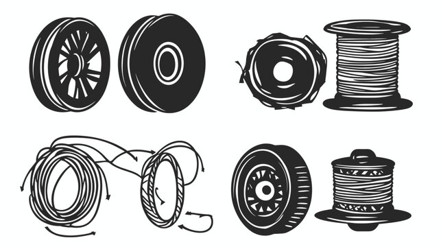 A collection of stylized, monochrome illustrations depicting various circular objects and coiled elements