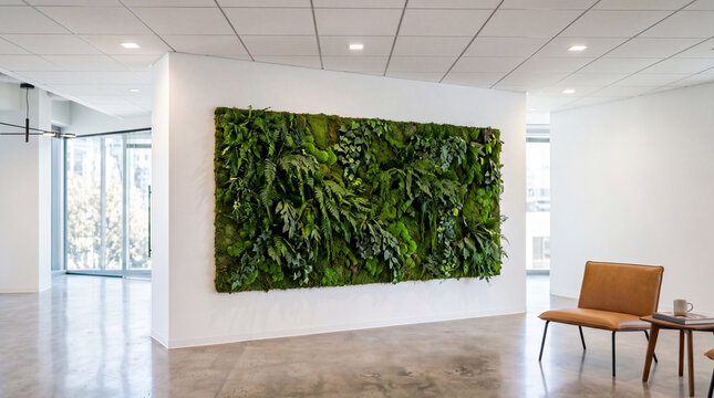 A bright modern interior space featuring a large green moss wall installation on a white wall next to a brown leather chair