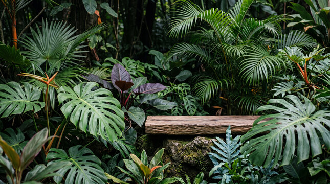 An empty rustic wooden shelf resting on a mossy stone platform surrounded by lush green monstera and tropical jungle plants
