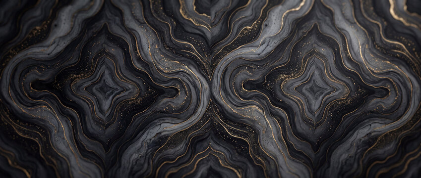 An elegant luxury black fluid art texture with glittering golden veins and symmetrical swirling wave patterns as a background