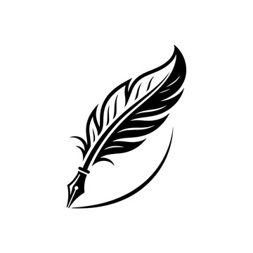 A stylized quill pen nib transforms into a feather illustration